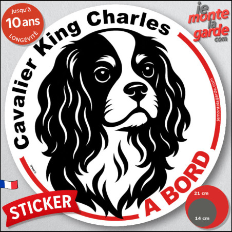 Disque autocollant "Cavalier King Charles à Bord" en noir et blanc. Sticker adhésif rond vitre voiture, résiste pluie soleil gel