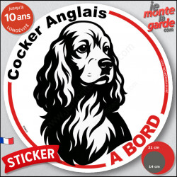Disque autocollant "Cocker Anglais à Bord" en noir et blanc. Sticker adhésif rond vitre voiture résiste intempéries