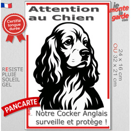 Plaque portail verticale "Attention au Chien, notre Cocker Anglais surveille et protège" dessin stylisé noir et blanc, résiste p
