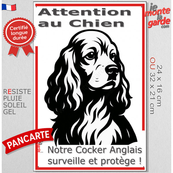 Plaque portail verticale "Attention au Chien, notre Cocker Anglais surveille et protège" dessin stylisé noir et blanc