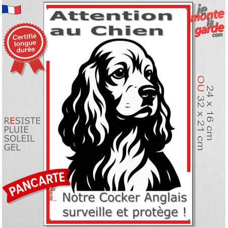 Plaque portail verticale "Attention au Chien, notre Cocker Anglais surveille et protège" dessin stylisé noir et blanc, résiste p