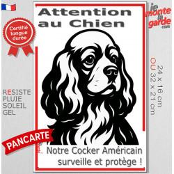 Plaque portail verticale "Attention au Chien, notre Cocker Américain surveille et protège" dessin stylisé noir et blanc, résiste