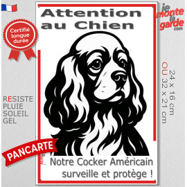 Plaque portail verticale "Attention au Chien, notre Cocker Américain surveille et protège" dessin stylisé noir et blanc, résiste