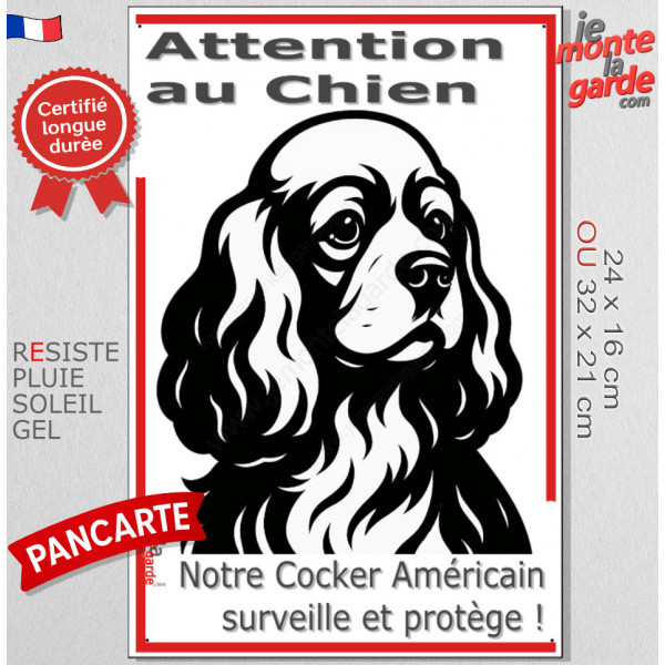 Plaque portail verticale "Attention au Chien, notre Cocker Américain surveille et protège" dessin stylisé noir et blanc, résiste