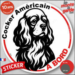 Disque autocollant "Cocker Américain à Bord" en noir et blanc. Sticker adhésif rond vitre voiture résiste intempéries