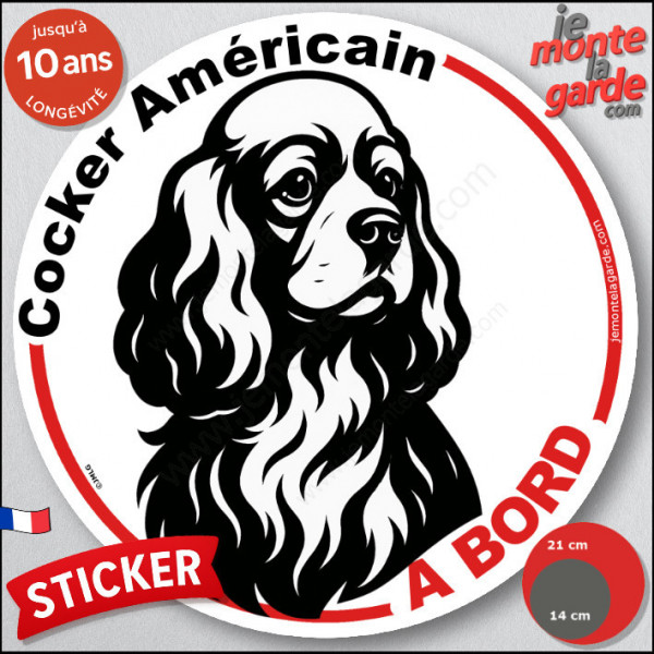 Disque autocollant "Cocker Américain à Bord" en noir et blanc. Sticker adhésif rond vitre voiture résiste intempéries