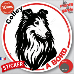 Disque autocollant "Colley à Bord" en noir et blanc. Sticker adhésif rond vitre voiture résiste intempéries