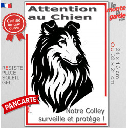 Plaque portail verticale "Attention au Chien, notre Colley surveille et protège" dessin stylisé noir et blanc, résiste intempéri