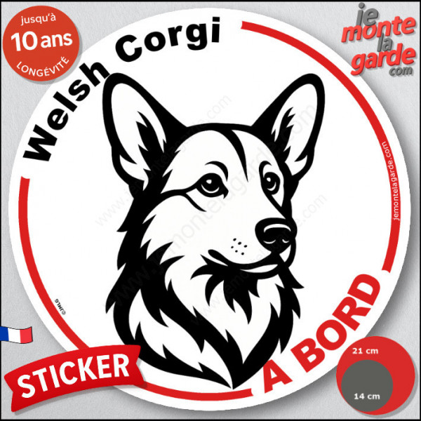 Disque autocollant "Welsh Corgi à Bord" en noir et blanc. Sticker adhésif rond vitre voiture résiste intempéries