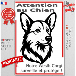 Plaque portail verticale "Attention au Chien, notre Welsh Corgi surveille et protège" dessin stylisé noir et blanc, résiste