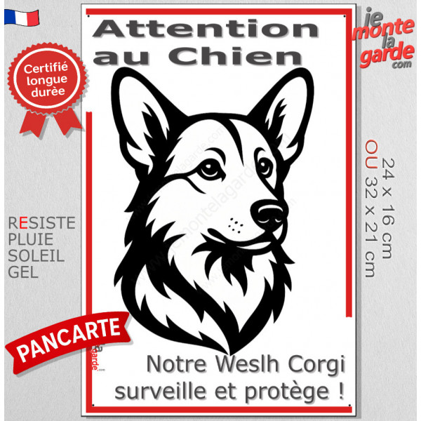 Plaque portail verticale "Attention au Chien, notre Welsh Corgi surveille et protège" dessin stylisé noir et blanc, résiste