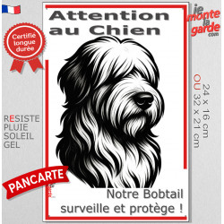 Plaque portail verticale "Attention au Chien, notre Bobtail surveille et protège" dessin stylisé noir et blanc, résiste soleil
