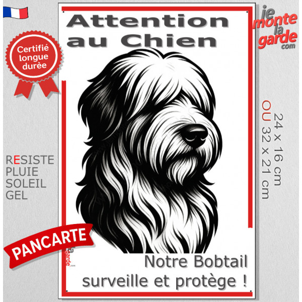 Plaque portail verticale "Attention au Chien, notre Bobtail surveille et protège" dessin stylisé noir et blanc, résiste soleil