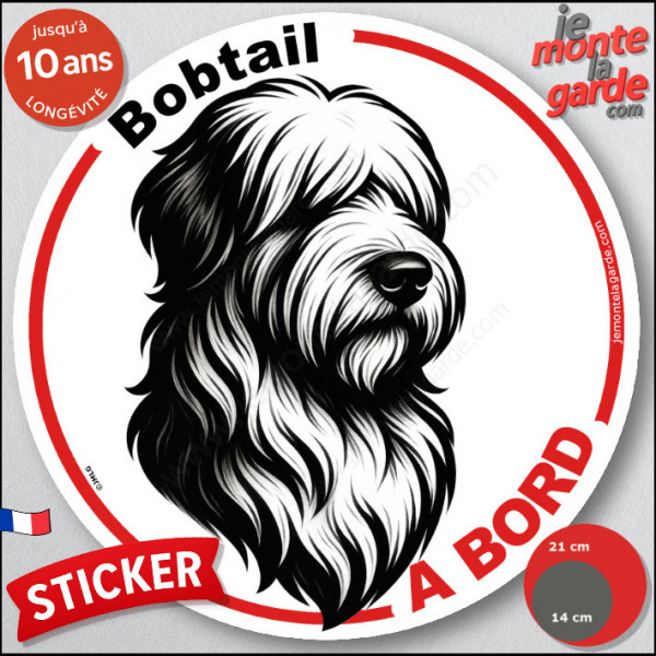 Disque autocollant "Bobtail à Bord" en noir et blanc. Sticker adhésif rond vitre voiture résiste intempéries
