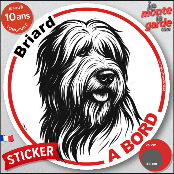 Disque autocollant "Briard à Bord" en noir et blanc. Sticker adhésif rond vitre voiture résiste intempéries