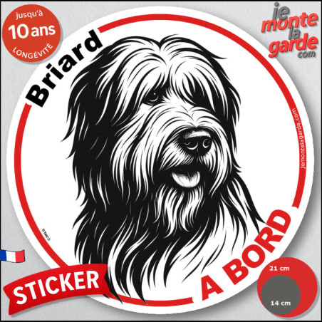 Disque autocollant voiture "Briard à Bord" noir et blanc, résiste pluie soleil gel, idée cadeau, 2 tailles D