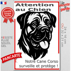 Plaque portail verticale "Attention au Chien, notre Cane Corso Italiano surveille et protège" dessin stylisé noir et blanc