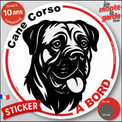 Disque autocollant "Cane Corso Italiano à Bord" en noir et blanc. Sticker adhésif rond vitre voiture résiste intempéries