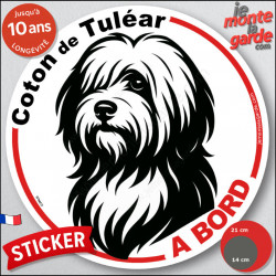 Disque autocollant "Coton de Tuléar à Bord" en noir et blanc. Sticker adhésif rond vitre voiture résiste intempéries