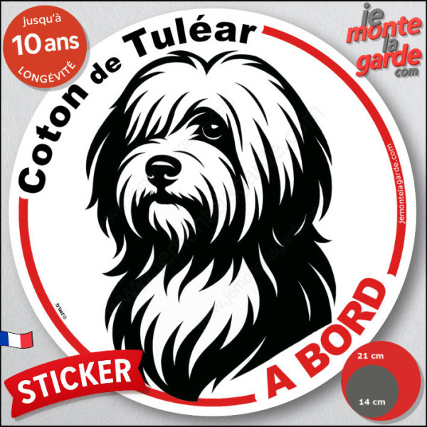 Disque autocollant "Coton de Tuléar à Bord" en noir et blanc. Sticker adhésif rond vitre voiture résiste intempéries