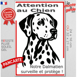 Plaque portail verticale "Attention au Chien, notre Dalmatien surveille et protège" dessin stylisé noir et blanc, résiste soleil
