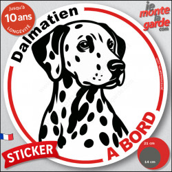 Disque autocollant "Dalmatien à Bord" en noir et blanc. Sticker adhésif rond vitre voiture résiste intempéries