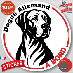 Disque autocollant "Dogue Allemand à Bord" en noir et blanc. Danois Sticker adhésif rond vitre voiture résiste intempéries