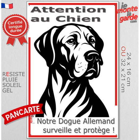 Plaque verticale "Attention au Chien, notre Dogue Allemand surveille et protège" 2 tailles D Plaque verticale "Attention au Chien, notre Dogue Allemand surveille et protège" 2 tailles D