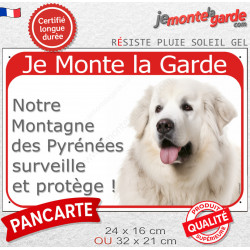Montagne des Pyrénées tout blanc, plaque portail rouge "Je Monte la Garde, surveille protège" photo Patou extérieure