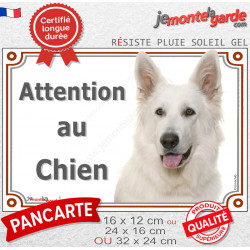 Berger Blanc Suisse Tête, plaque portail extérieure "Attention au Chien" BBS photo résiste intempéries