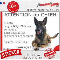 Berger Belge Malinois, Sticker humour "Attention au Chien, montre, jetez-vous au sol et attendez secours" autocollant drôle phot