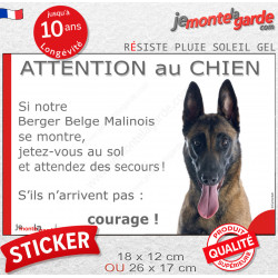 Berger Belge Malinois, Sticker humour "Attention au Chien, montre, jetez-vous au sol et attendez secours" autocollant drôle phot