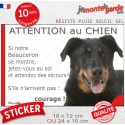 Beauceron noir et feu, sticker humour"Attention au Chien, Jetez Vous au Sol" 2 tailles JET D