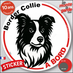 Disque autocollant "Border Collie à Bord" en noir et blanc. Sticker adhésif rond vitre voiture résiste intempéries