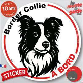 Disque autocollant "Border Collie à Bord" en noir et blanc. Sticker adhésif rond vitre voiture, résiste pluie soleil gel, idée c