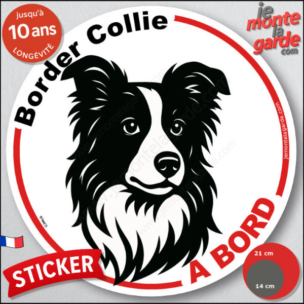 Disque autocollant "Border Collie à Bord" en noir et blanc. Sticker adhésif rond vitre voiture résiste intempéries