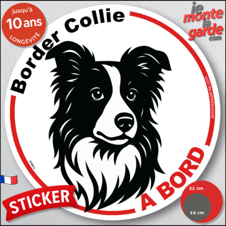 Disque autocollant "Border Collie à Bord" en noir et blanc. Sticker adhésif rond vitre voiture, résiste pluie soleil gel, idée c