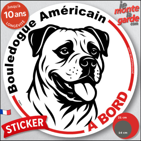 Disque autocollant "Bouledogue Américain à Bord" en noir et blanc. Sticker adhésif rond vitre voiture Boulam, résiste pluie sole