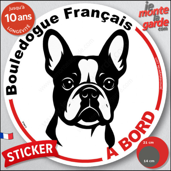 Disque autocollant "Bouledogue Français à Bord" en noir et blanc. Sticker adhésif rond vitre voiture résiste intempéries