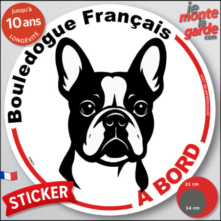 Disque autocollant "Bouledogue Français à Bord" en noir et blanc. Sticker adhésif rond vitre voiture, résiste pluie soleil gel, 