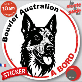 Disque autocollant "Bouvier Australien à Bord" en noir et blanc. Sticker adhésif rond vitre voiture, résiste pluie soleil gel, i