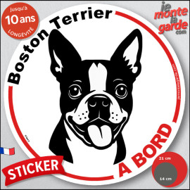 Disque autocollant "Boston Terrier à Bord" en noir et blanc. Sticker adhésif rond vitre voiture, résiste pluie soleil gel, idée 