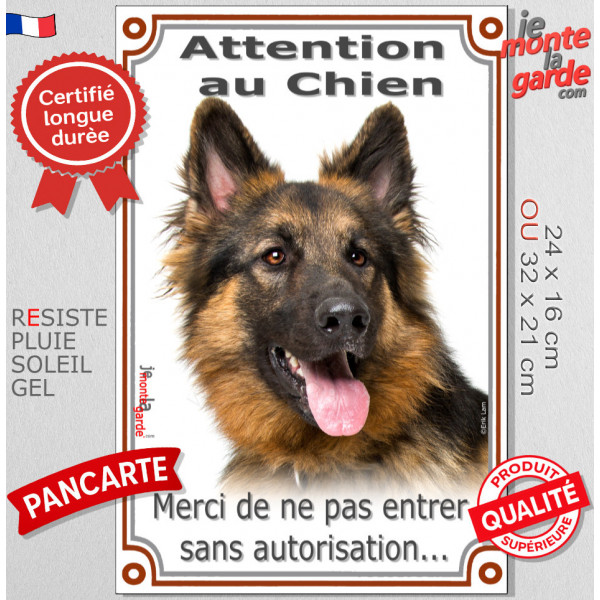 Berger Allemand noir et feu Poils Longs, plaque portail "Attention au chien, entrez pas sans autorisation" vertical photo