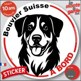 Disque autocollant "Bouvier Suisse à Bord" en noir et blanc. Sticker adhésif rond vitre voiture, résiste pluie soleil gel, idée 