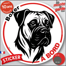 Disque autocollant "Boxer à Bord" en noir et blanc. Sticker adhésif rond vitre voiture, résiste pluie soleil gel, idée cadeau