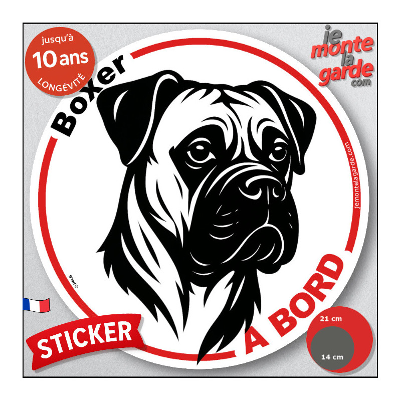 Disque autocollant "Boxer à Bord" en noir et blanc. Sticker adhésif rond vitre voiture, résiste pluie soleil gel, idée cadeau Disque autocollant "Boxer à Bord" en noir et blanc. Sticker adhésif rond vitre voiture, résiste pluie soleil gel, idée cadeau