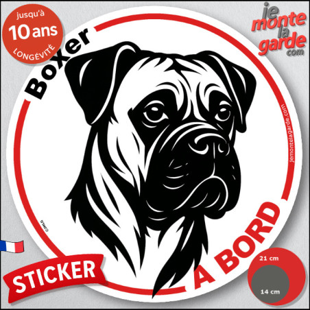 Disque autocollant "Boxer à Bord" en noir et blanc. Sticker adhésif rond vitre voiture, résiste pluie soleil gel, idée cadeau