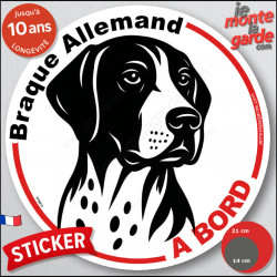 Disque autocollant "Braque Allemand à Bord" en noir et blanc. Sticker adhésif rond vitre voiture résiste intempéries