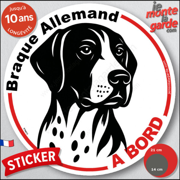 Disque autocollant "Braque Allemand à Bord" en noir et blanc. Sticker adhésif rond vitre voiture résiste intempéries