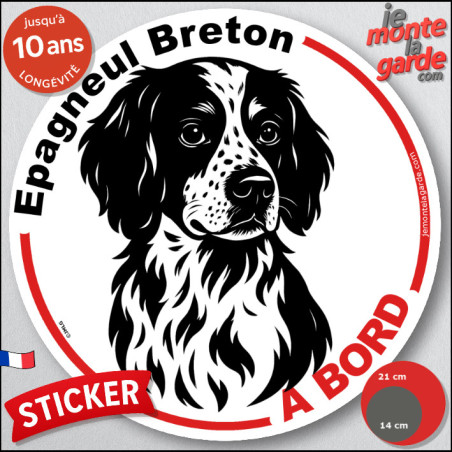 Disque autocollant "Epagneul Breton à Bord" en noir et blanc. Sticker adhésif rond vitre voiture, résiste pluie soleil gel, idée